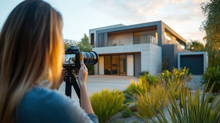 A woman photographer taking a picture of a modern house with a dslr camera on a tripod.