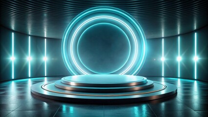 Futuristic stage with glowing circle and pedestal, red, futuristic, stage, glowing, circle, pedestal, technology