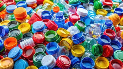 Colorful bottle caps and crumpled plastic bottles for recycling, waste separation, and reuse , colorful