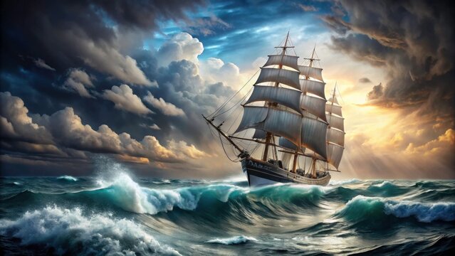 Majestic tall ship braving tumultuous ocean storm, sailboat, majestic, tall ship, ocean, storm, waves, adventure, bravery