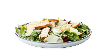 Tasty Caesar salad with chicken isolated on white