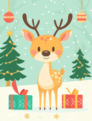 Fototapeta premium Cute deer with Christmas gifts, cartoon-style vector illustration, poster background, flat design, colorful, Christmas tree and snowflakes in the background