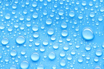 Water drops on blue background, top view