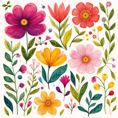 Watercolor Illustrations of Cute Flowers. adorable