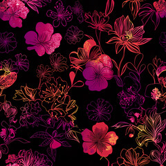 Translucent floral pattern with vibrant hues, seamless design