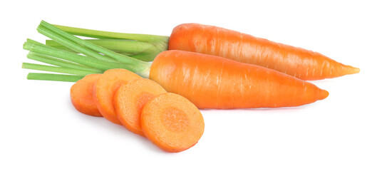 Fresh ripe carrots on white background. Whole and sliced