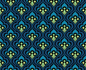 Damask pixel seamless pattern vector illustration. Design for wallpaper, background, decorative, textile, carpet, fabric, wrapping paper, scarf, embroidery.