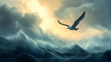 Obraz premium Seagull Soaring Over Stormy Ocean Waves