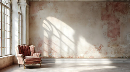 A single, plush armchair sits in a room with a large window, sun beams casting shadows on the peeling wall.