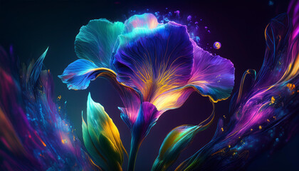 Vibrant close-up of an iris flower with multicolored petals in shades of blue, purple, orange, and yellow. The dynamic lighting and rich colors give it a surreal, magical appearance