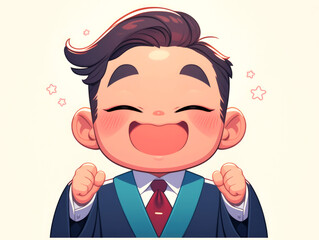 Fototapeta premium A happy cartoon illustration of a man with brown hair wearing a graduation gown, smiling with his eyes closed.