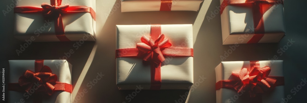 Poster a collection of beautifully wrapped gift boxes with red bows rests against a light background, addin