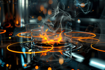 Futuristic gas stove with burning fire flame and smoke flowing. Modern kitchen with smart appliances cyber space.	
