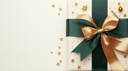Christmas ribbons and bows, using green, gold and red colors. The background is bright and festive.