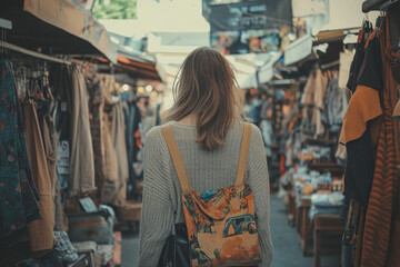Obraz premium Backview of woman wearing a colorful backpack browsing a busy flea market
