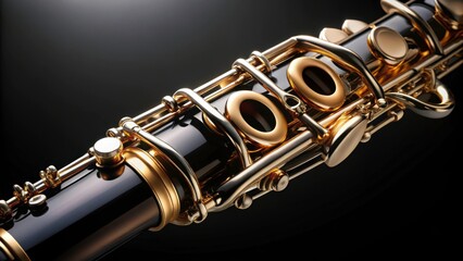 Clarinet part with gold plated keys on black background, woodwind, instrument, classical music, clarinet, gold plated