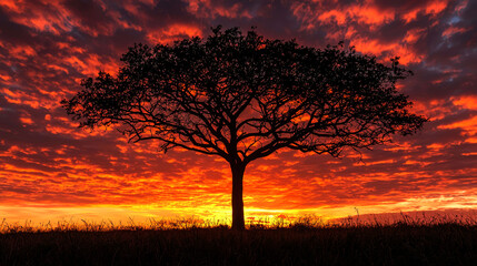 Fototapeta premium A lone tree stands silhouetted against a fiery sunset, creating a dramatic and beautiful scene.