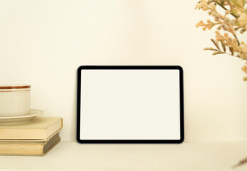 Digital device mockup, tablet, books, shelve, empty screen, room, study, business, mock up, tech, internet, website