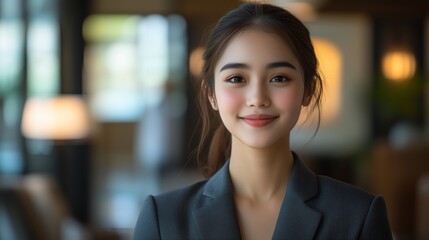 A young and pretty Indonesian woman wearing a suit is smiling at the camera