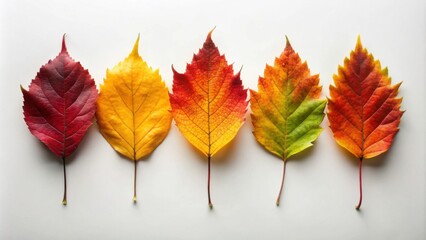 Row of six autumn leaves changing colors from yellow to deep red, autumn, leaves, fall, seasonal, colors, row, vibrant, yellow