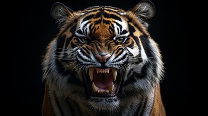 Fototapeta premium An angry tiger showing its teeth, against a black background