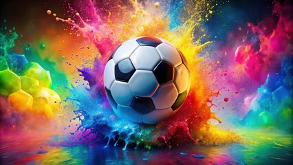Fototapeta premium Colorful of a soccer ball with splashes of vibrant colors in the background, soccer, ball,vibrant, colorful, splashes, sports