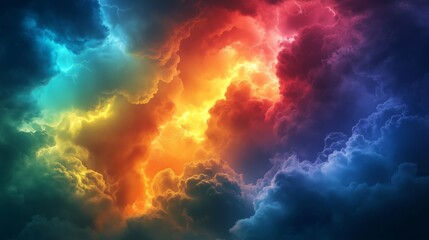 Colorful lightning background, colorful thunderstorm background, colorful stormy sky with dark clouds and bright lightning