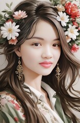 Naklejka premium a woman with long hair wearing a flower crown and earrings