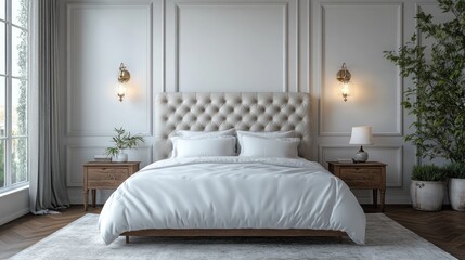 Elegant bedroom featuring a tufted headboard and natural light.