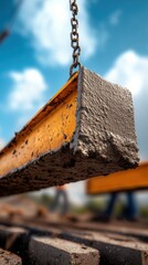 Concrete beam lifting with chains against a blue sky, industrial scene.