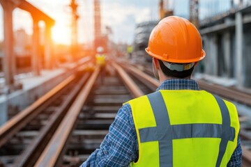 Construction worker surveying railway tracks at sunset.