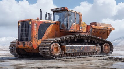 Rusty bulldozer on a construction site under cloudy sky.