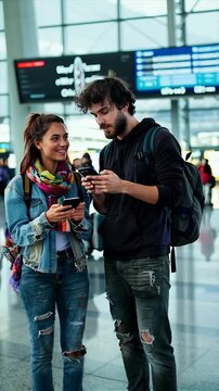 Young backpacker couple at an international airport terminal checkin cellphone.
