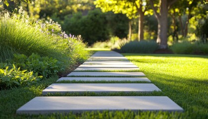 Fototapeta premium A serene concrete slab pathway winds through a lush lawn, edged with grasses 3. Generative AI