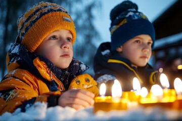 Children lighting candles on a dark evening, the warm glow of the flames symbolizing unity and the power of light to dispel fear