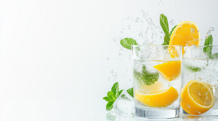 Fototapeta premium vibrant cocktails with lemon, mint, and ice, arranged neatly in tall glasses, highlighted by bright reflections and with Vibrant Splashes with ample copy space.
