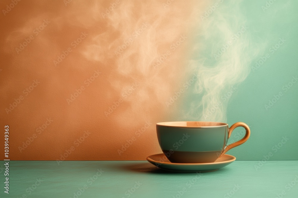 Poster a steaming cup of tea rests on a saucer, releasing soft curls of steam in a calm morning setting fil