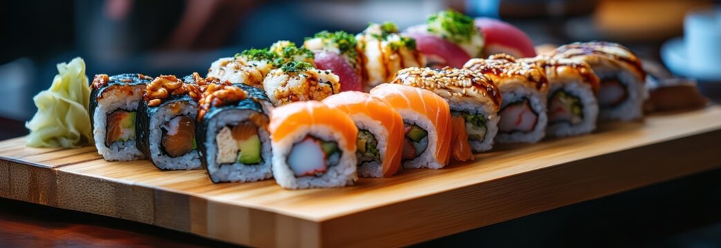 close up photo A sushi roll perfectly coated with pickled ginger and wasabi is served on a wooden tray