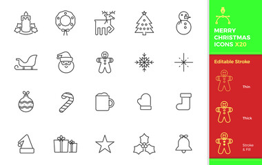 Merry christmas icon set. 20 vector editable festive seasonal graphic elements