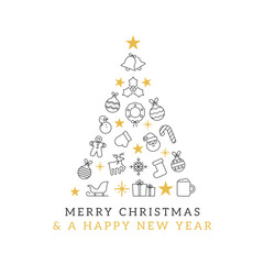Christmas Greeting card with tree made by decorative ornaments. Festive vector background web banner for Merry Christmas and Happy New Year
