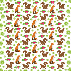 squirrel, fox with fruit as a pattern background