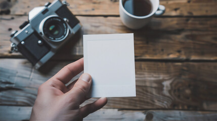 Obraz premium Mock up photo paper in hand with camera on table version 2