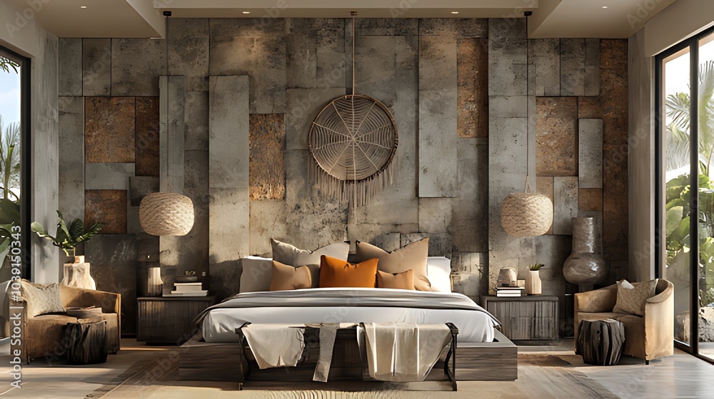 Wall mural modern bedroom interior with rustic and natural elements, featuring a large bed with plush pillows a