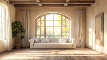 Sunlight streams through an arched window in a living room with a white couch and wooden floors. The natural light illuminates the space, creating a warm and inviting ambiance.