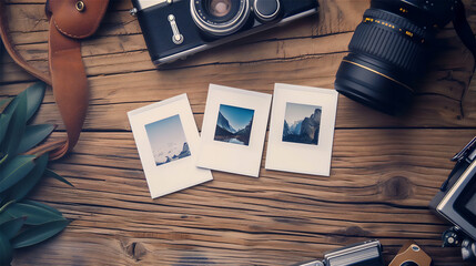 Mock up photo paper with camera on table version 7