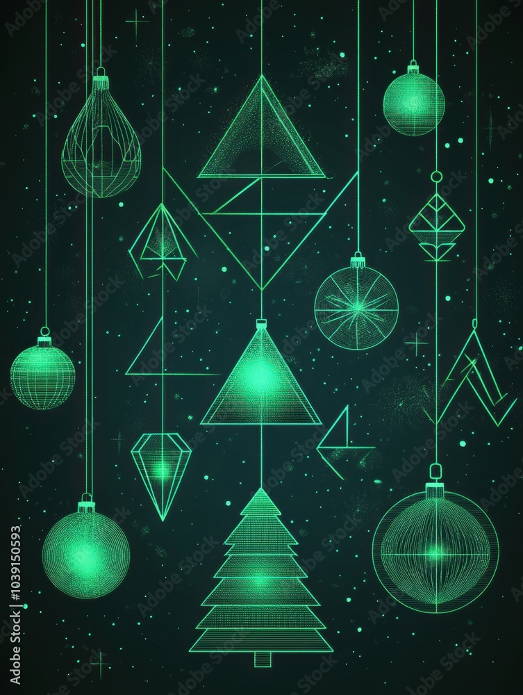 Poster Glowing lines form elegant silhouettes of Christmas trees and ornaments against a dark background, creating a festive atmosphere. Generative AI