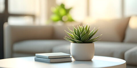 Fototapeta premium Succulent plant pots and books on a small table, mobile wallpaper, computer wallpaper, background