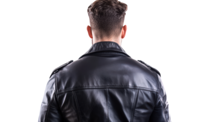 man wearing black leather jacket, viewed from back, exudes sense of confidence and style. sleek design of jacket adds to overall appeal