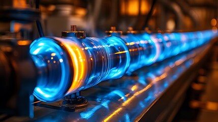 A row of glowing tubes in an industrial setting, with blue and orange light, showcasing a process.