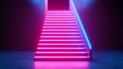 Abstract staircase made of bright neon lines leading upward